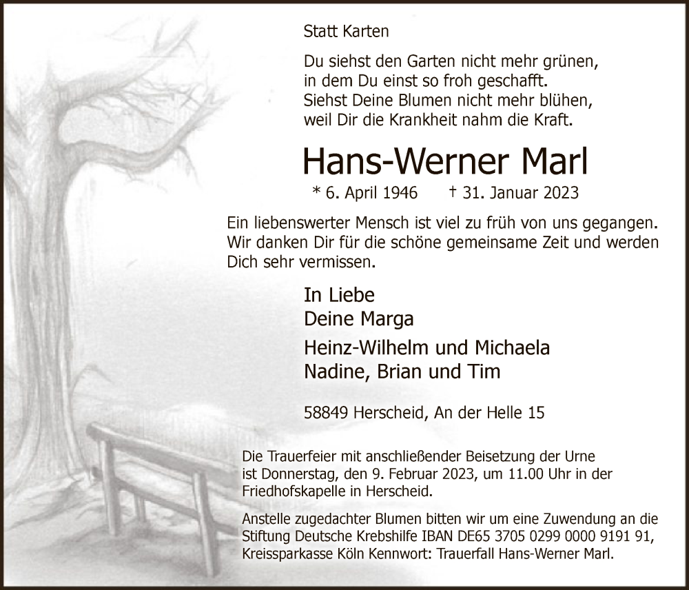  Traueranzeige für Hans-Werner Marl vom 04.02.2023 aus WA