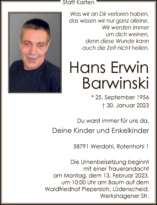 Traueranzeige von Hans Erwin Barwinski von WA