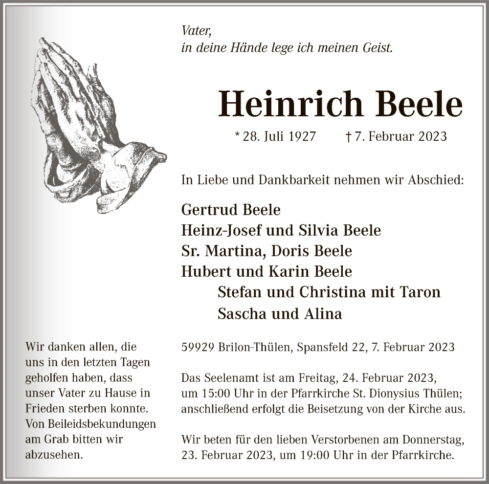  Traueranzeige für Heinrich Beele vom 18.02.2023 aus WA