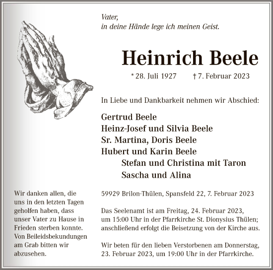 Traueranzeige von Heinrich Beele von WA
