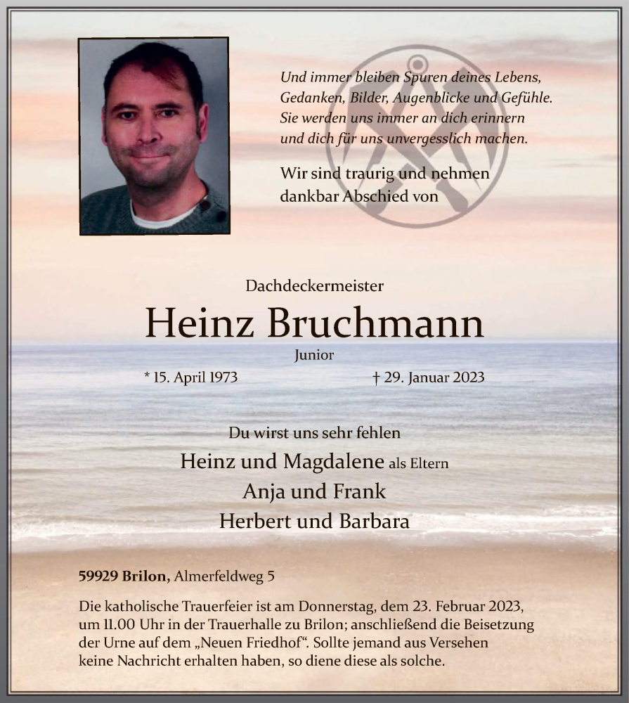  Traueranzeige für Heinz Bruchmann vom 11.02.2023 aus WA