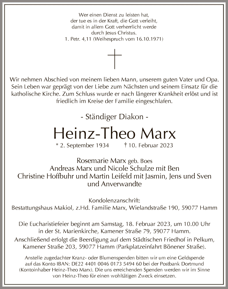  Traueranzeige für Heinz-Theo Marx vom 15.02.2023 aus WA
