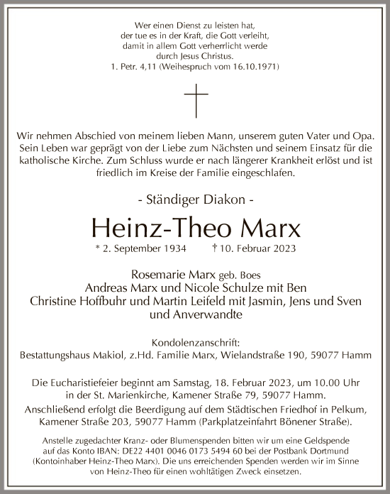 Traueranzeige von Heinz-Theo Marx von WA