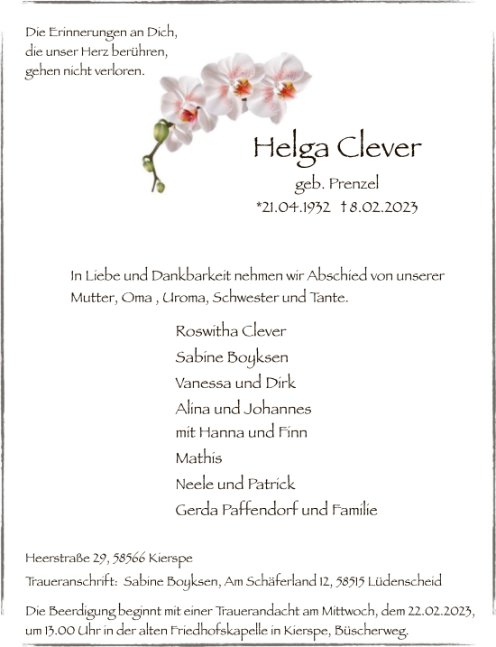 Traueranzeige von Helga Clever von WA