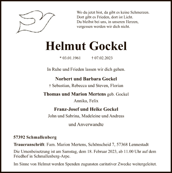 Traueranzeige von Helmut Gockel von WA