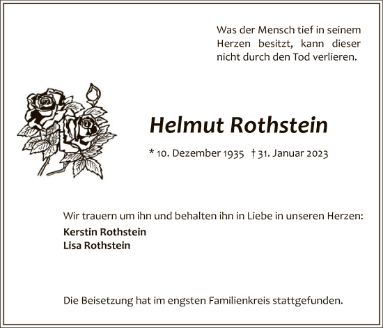 Traueranzeige von Helmut Rothstein von WA