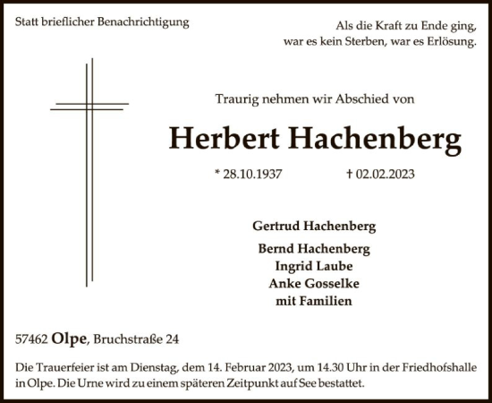 Traueranzeige von Herbert Hachenberg von WA