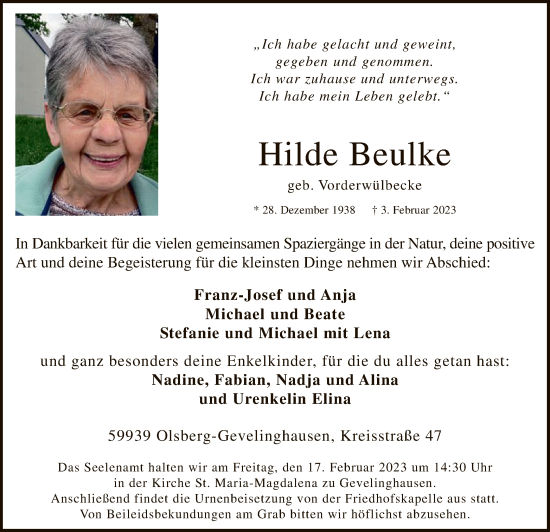 Traueranzeige von Hilde Beulke von WA