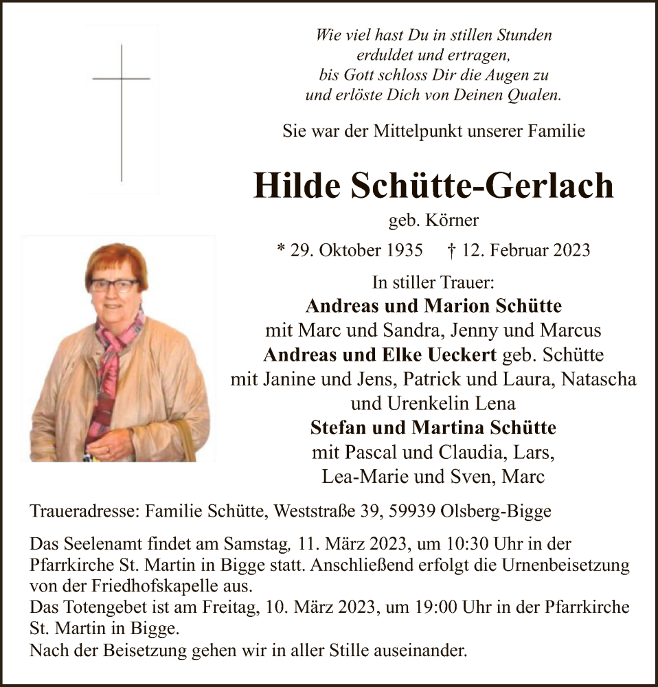  Traueranzeige für Hilde Schütte-Gerlach vom 18.02.2023 aus WA