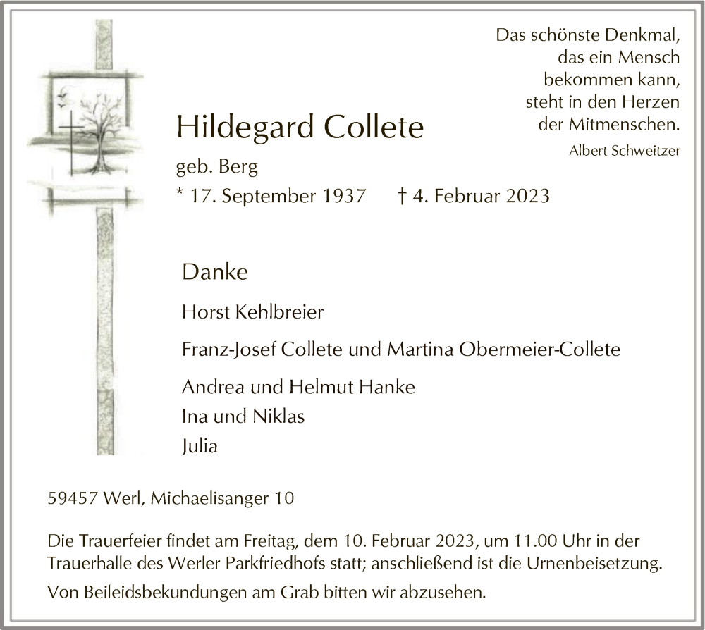  Traueranzeige für Hildegard Collete vom 07.02.2023 aus WA