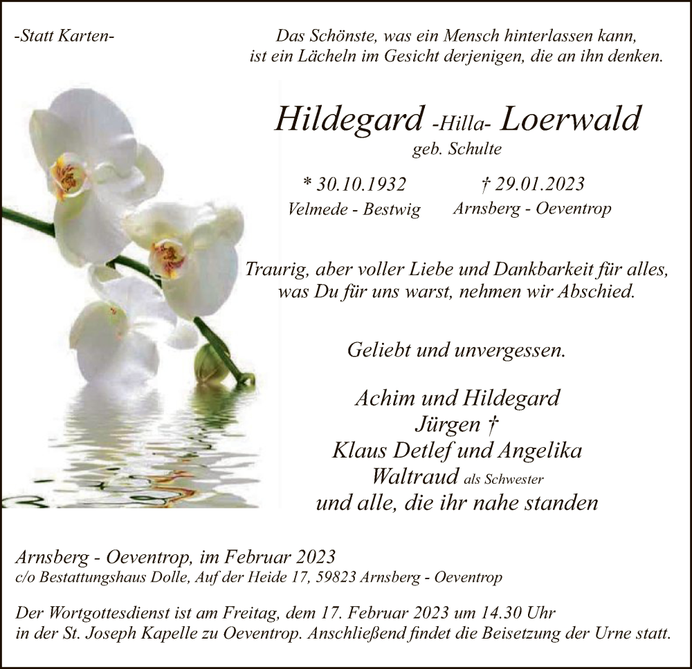  Traueranzeige für Hildegard Loerwald vom 11.02.2023 aus WA
