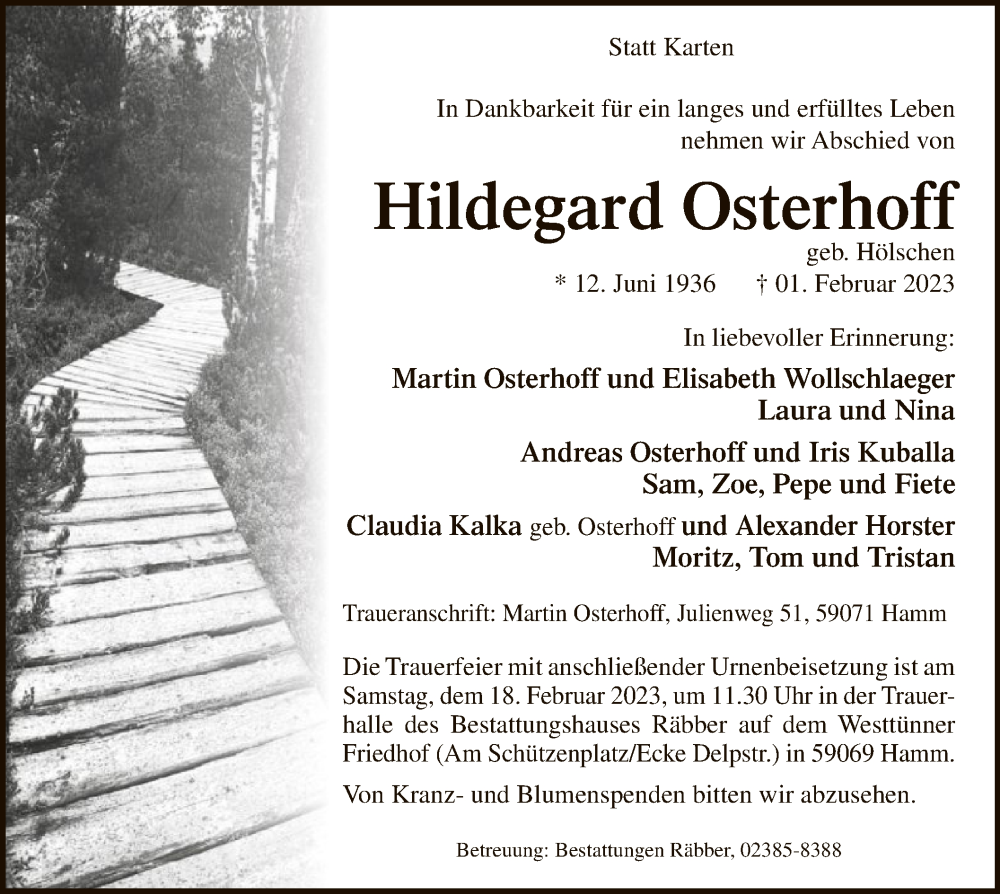  Traueranzeige für Hildegard Osterhoff vom 11.02.2023 aus WA
