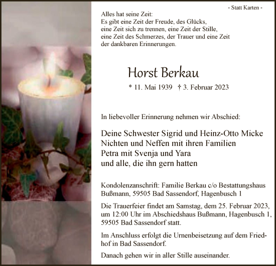 Traueranzeige von Horst Berkauf von WA