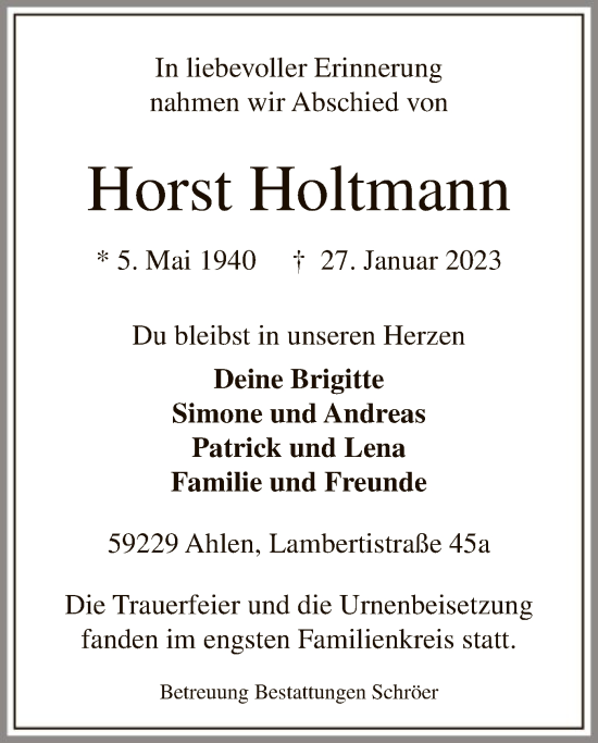 Traueranzeige von Horst Holtmann von WA