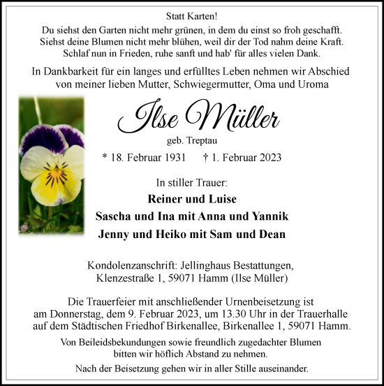Traueranzeige von Ilse Müller von WA