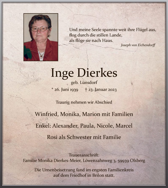 Traueranzeige von Inge Dierkes von WA