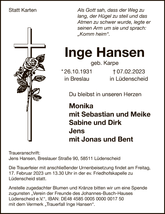 Traueranzeige von Inge Hansen von WA