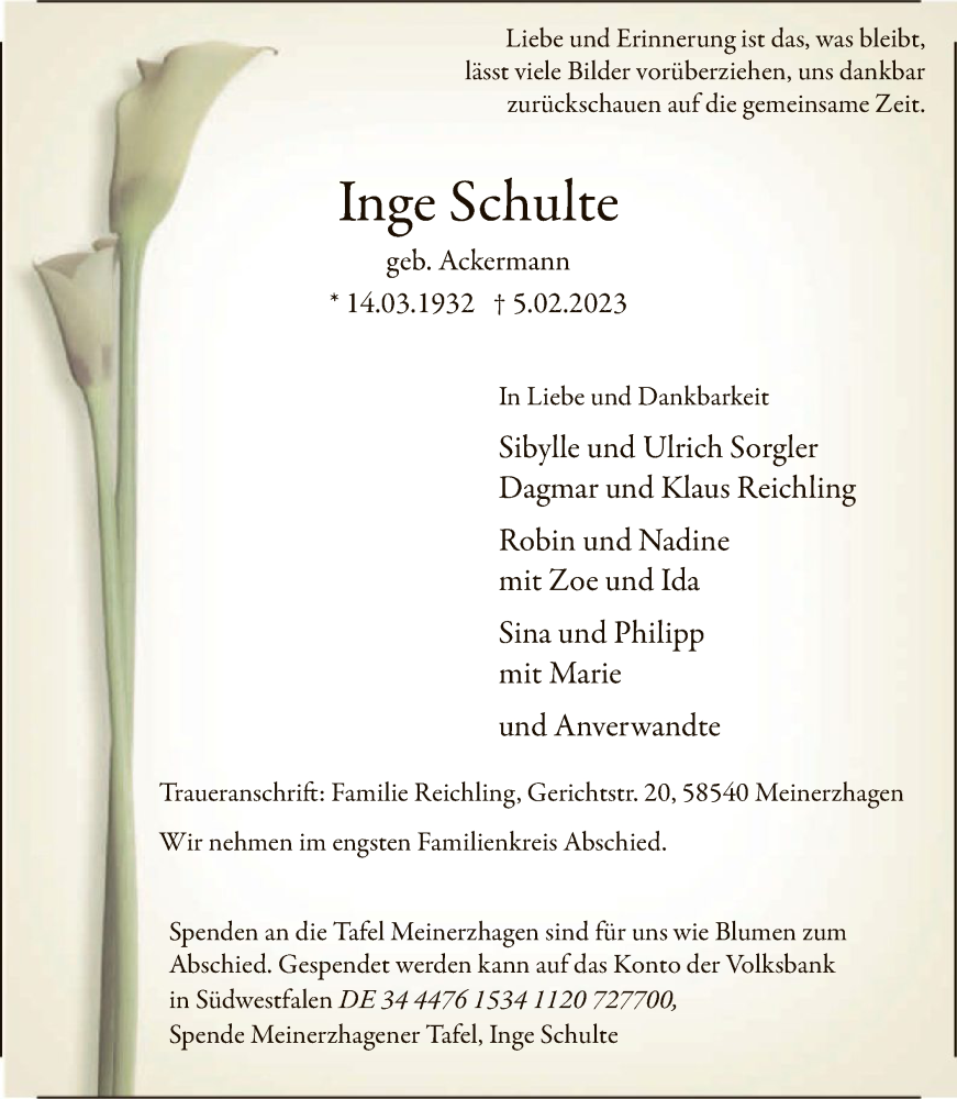  Traueranzeige für Inge Schulte vom 11.02.2023 aus WA