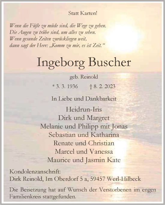 Traueranzeige von Ingeborg Buscher von WA