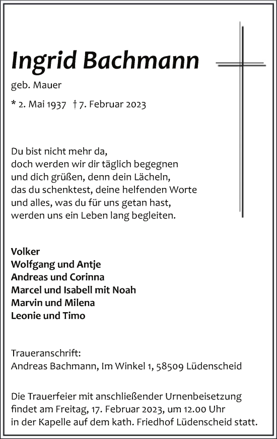 Traueranzeige von Ingrid Bachmann von WA