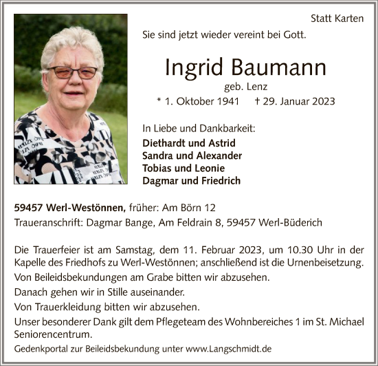 Traueranzeige von Ingrid Baumann von WA