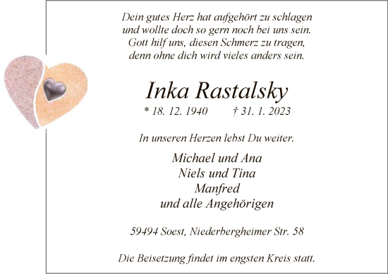 Traueranzeige von Inka Rastalsky von WA