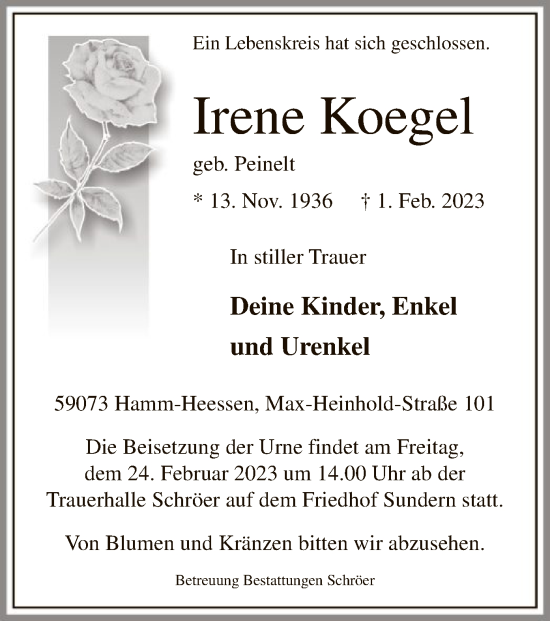 Traueranzeige von Irene Koegel von WA