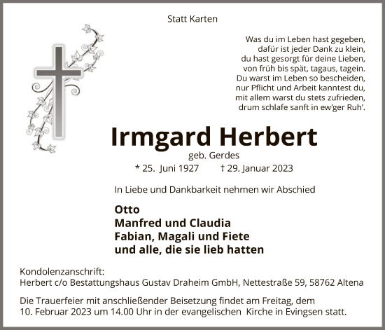 Traueranzeige von Irmgard Herbert von WA