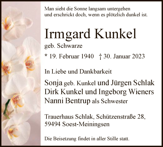 Traueranzeige von Irmgard Kunkel von WA