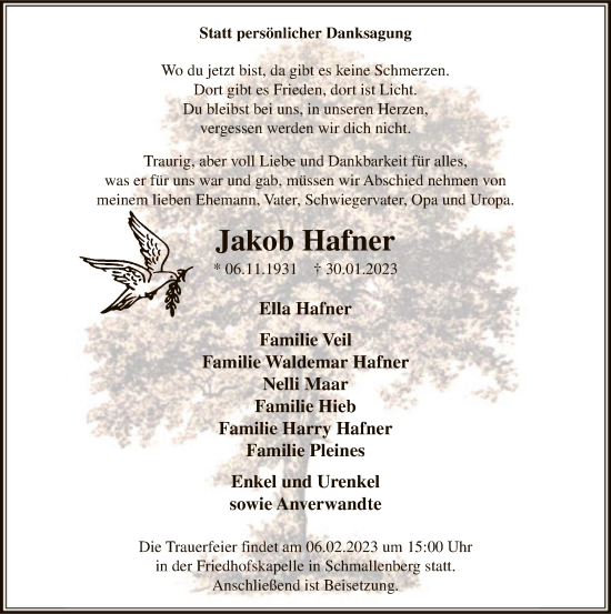 Traueranzeige von Jakob Hafner von WA