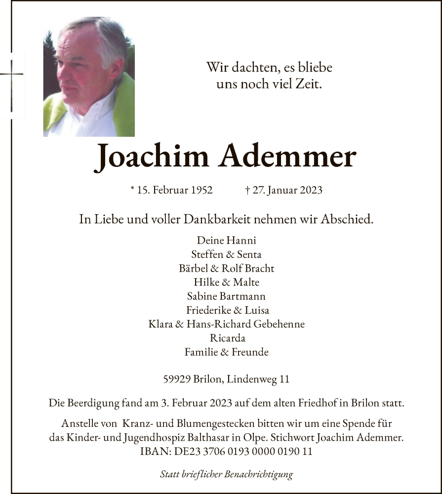  Traueranzeige für Joachim Ademmer vom 04.02.2023 aus WA
