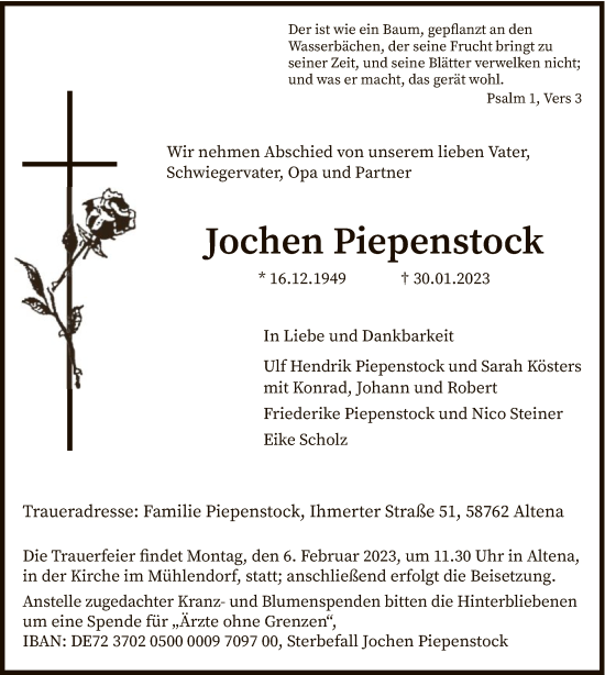 Traueranzeige von Jochen Piepenstock von WA