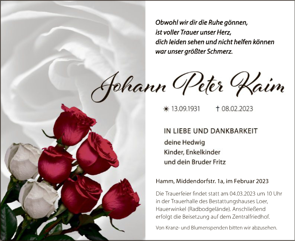  Traueranzeige für Johann Peter Kaim vom 25.02.2023 aus WA