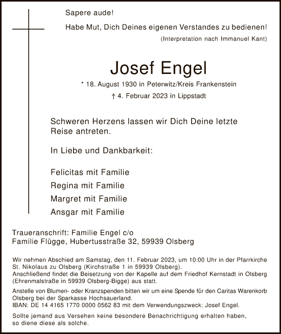 Traueranzeige von Josef Engel von WA