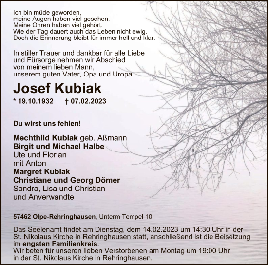 Traueranzeige von Josef Kubiak von WA