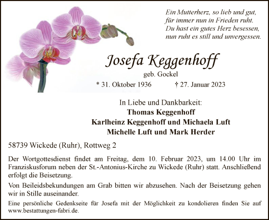 Traueranzeige von Josefa Keggenhoff von WA