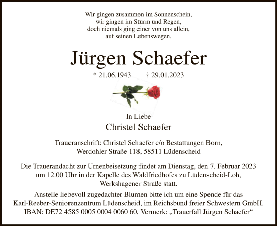 Traueranzeige von Jürgen Schaefer von WA
