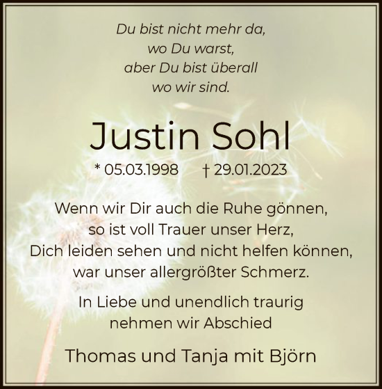 Traueranzeige von Justin Sohl von WA