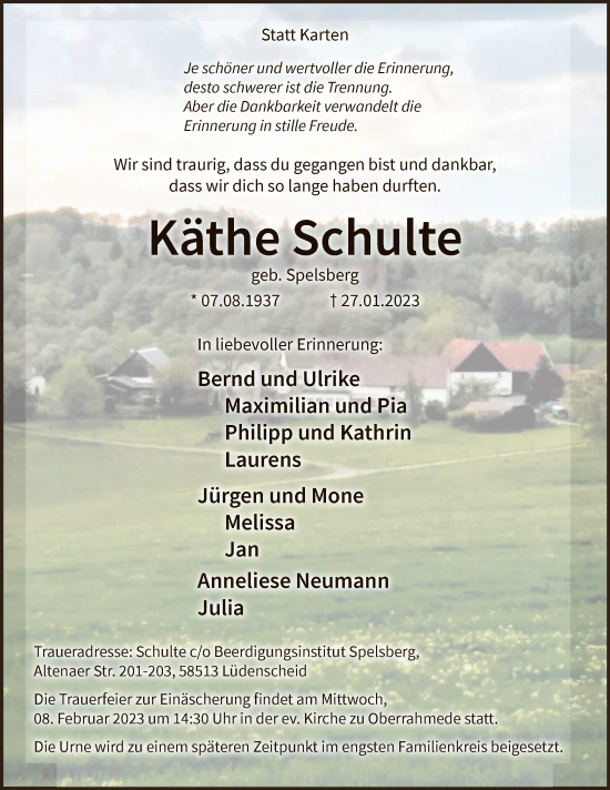 Traueranzeige von Käthe Schulte von WA