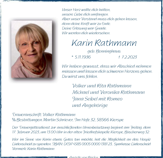 Traueranzeige von Karin Rathmann von WA