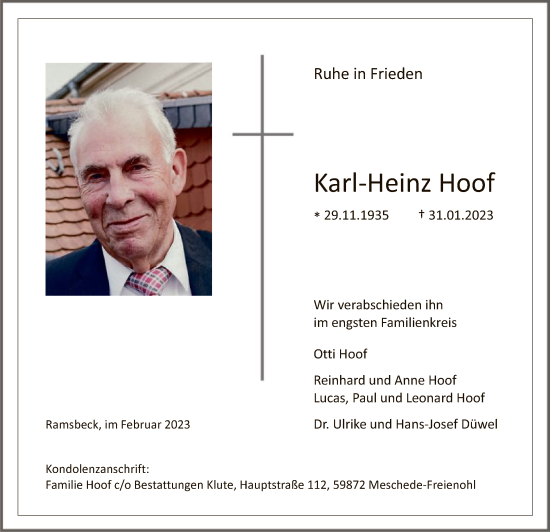 Traueranzeige von Karl-Heinz Hoof von WA