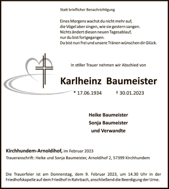 Traueranzeige von Karlheinz Baumeister von WA