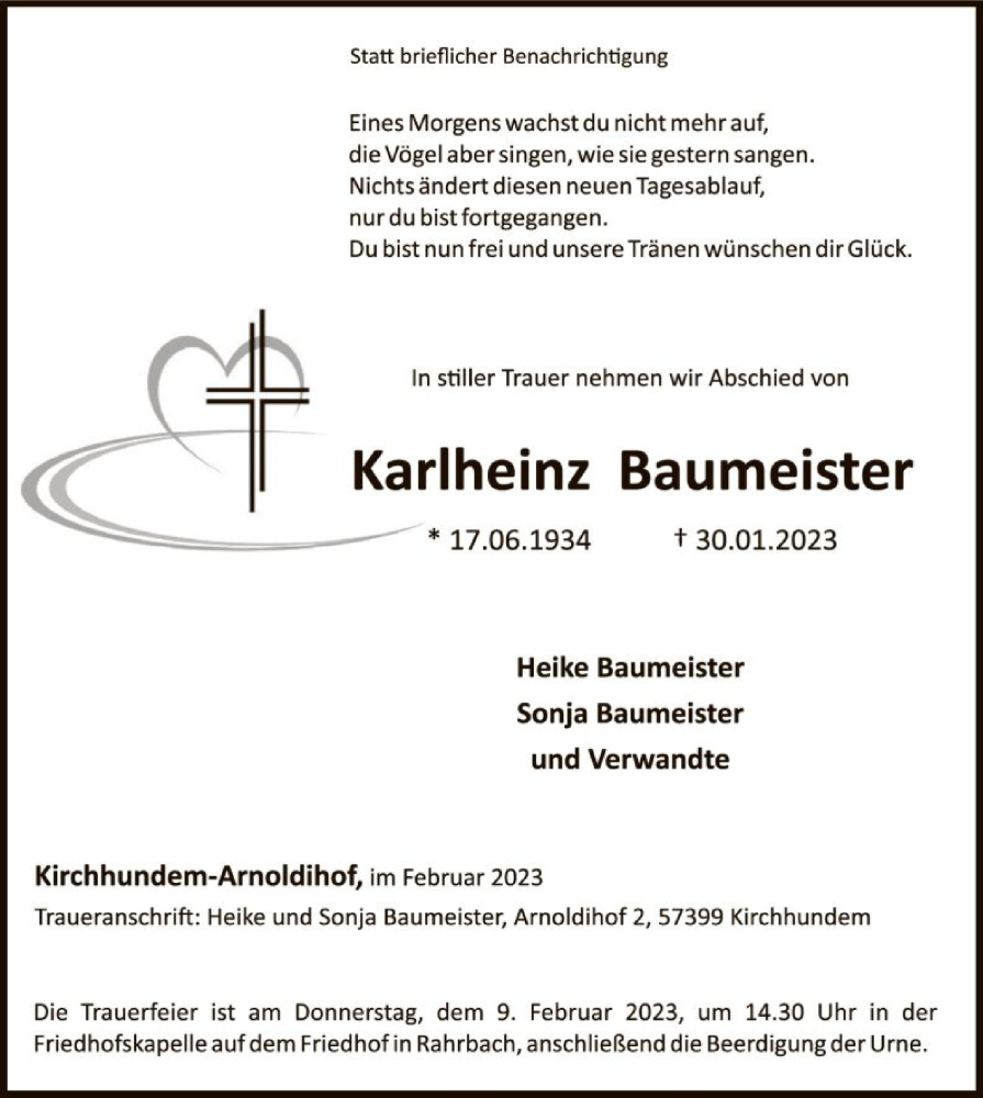  Traueranzeige für Karlheinz Baumeister vom 04.02.2023 aus WA