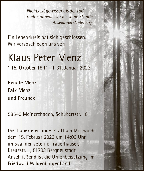 Traueranzeige von Klaus Peter Menz von WA