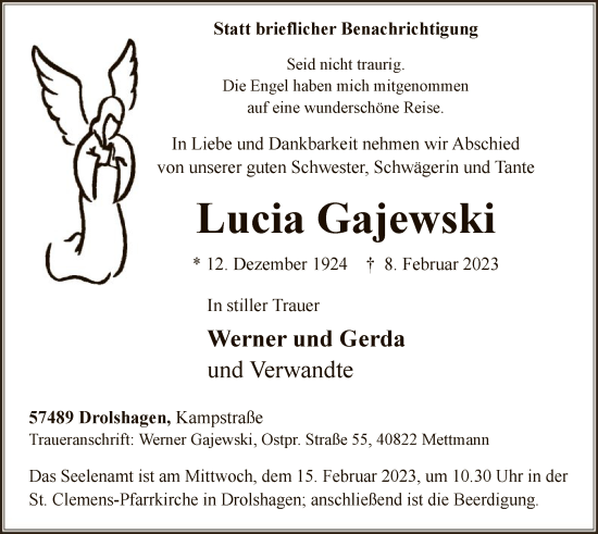 Traueranzeige von Lucia Gajewski von WA