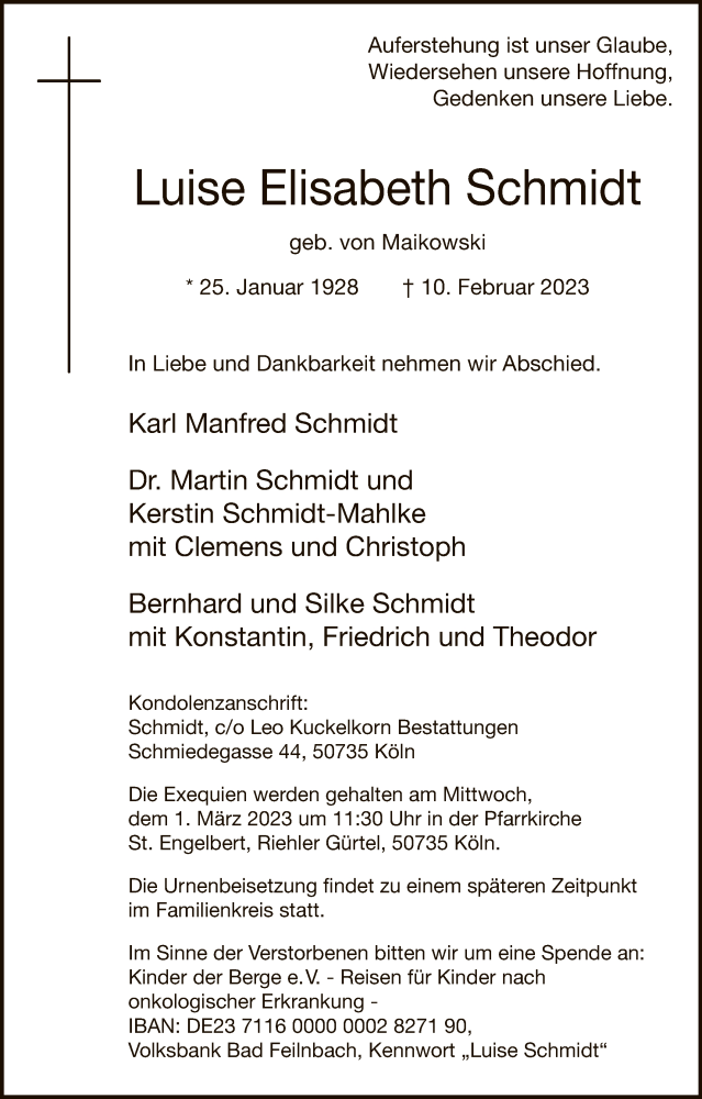  Traueranzeige für Luise Elisabeth Schmidt vom 18.02.2023 aus WA