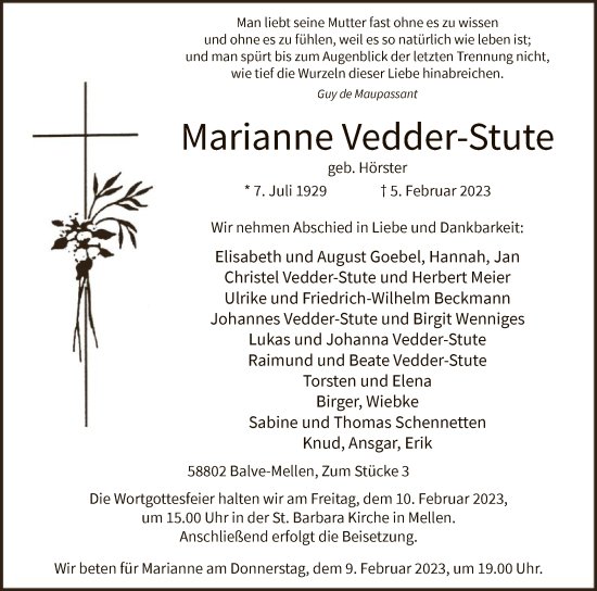 Traueranzeige von Mananne Vedder-Stute von WA