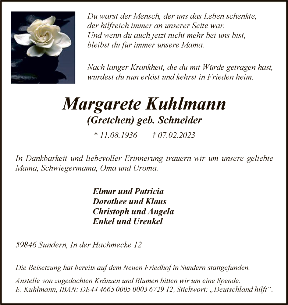  Traueranzeige für Margarete Kuhlmann vom 11.02.2023 aus WA