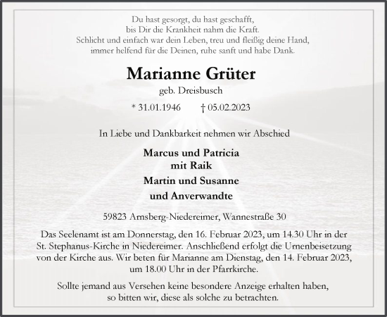 Traueranzeige von Marianne Grüter von WA