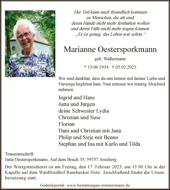 Traueranzeige von Marianne Oestersporkmann von WA